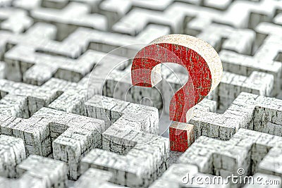 A striking image of a red question mark in the center of a complex maze, symbolizing the search for answers, mystery Stock Photo