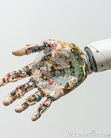 Innovative Integration of AI Robotics and Automation on a Hand for Transforming Industries and Enhancing Efficiency Stock Photo