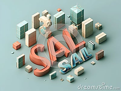 Striking Isometric 3D SALE Text Display with Geometric Shapes and Muted Color Scheme generative ai Stock Photo