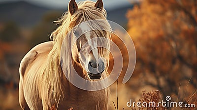 Majestic Palomino Horse in Autumn Scenery. Generative AI Stock Photo