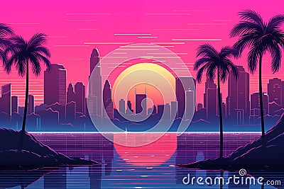 Retro Wave Sunset Metropolis Stock Photo