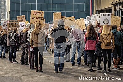 Striking school aged children in central London over climate change holding placards, Rear view of people with placards and Stock Photo