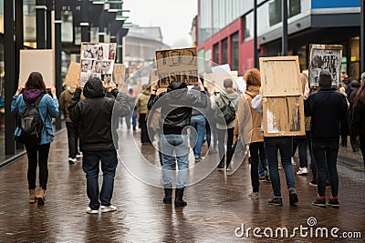 Striking school aged children in central London, Rear view of people with placards and posters, AI Generated Stock Photo