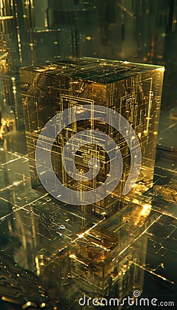 A striking sci fi image featuring a tangible cube intertwined with mysterious golden code Stock Photo