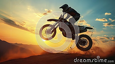 The Striking Silhouette of a Motocross Rider, Front Wheel Raised, Embodying Daring Stock Photo