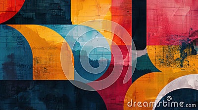 A striking visual collage of abstract geometric shapes with textured layers, combining bold colors and dynamic composition Stock Photo