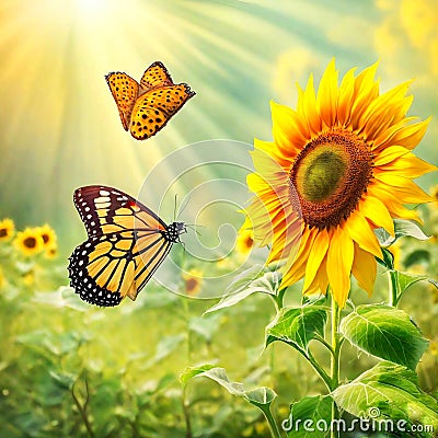 The strikingly beautiful yellow sunflowers bloomed Welcome the sunshine and butterflies fluttered around. Stock Photo
