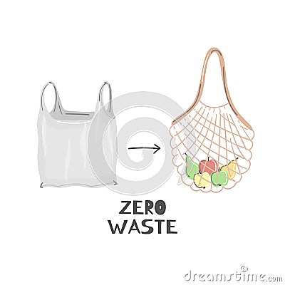 String bag instead of plastic. Zero waste lifestyle. Eco friendly. Save planet. Care of nature. Vegan. Go green Vector Illustration