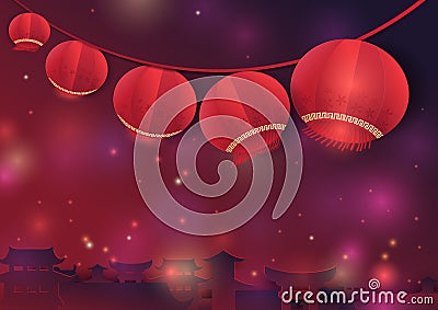 String hanging asian lanterns on the chinese old town Vector Illustration