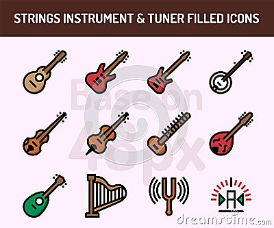 String instrument icon set. Outline filled icons base on 48 pixel with pixel perfect Vector Illustration