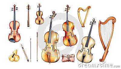 String instruments collection, violins, harp, musical art display. Stock Photo, Generative AI Stock Photo