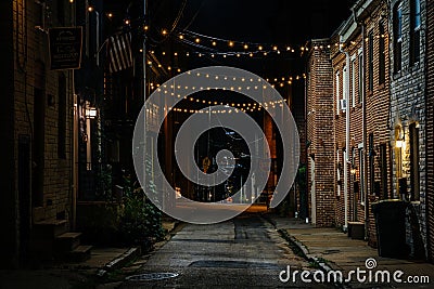 String lights over Chapel Street at night in Butchers Hill, Baltimore, Maryland Editorial Stock Photo