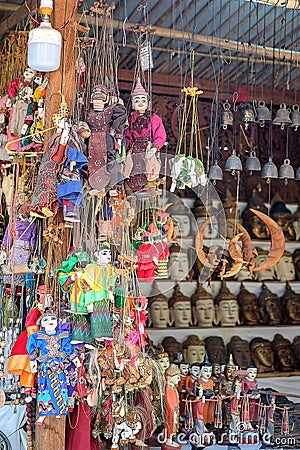 String Puppet souvenir, Colorful Myanmar Burma tradition dolls in the Archaeological Zone Bagan, Myanmar Stock Photo