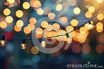 String of warm glowing light bulbs against a bokeh background in the evening Stock Photo