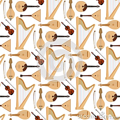 Stringed dreamed musical instruments classical orchestra art sound tool acoustic symphony seamless pattern background Vector Illustration