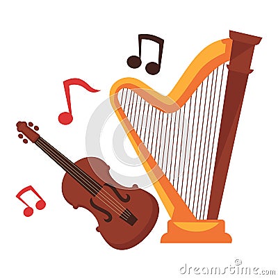 Stringed musical instruments and notes around cartoon set Vector Illustration