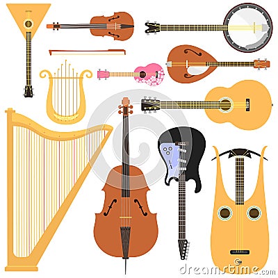 Stringed musical instruments set classical orchestra art sound tool and acoustic symphony stringed fiddle wooden Vector Illustration