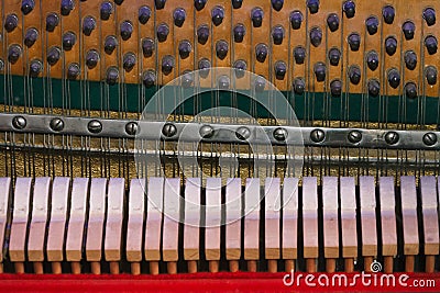 The strings in the piano mechanism background. Stock Photo
