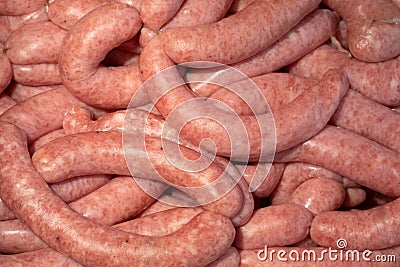 Strings of raw sausages. Ready to sales. Stock Photo