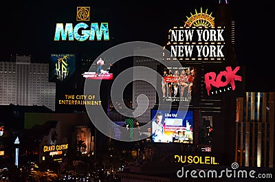 The Strip, MGM Grand, Las Vegas, MGM Grand Las Vegas, Las Vegas Strip, night, neon sign, signage, neon Editorial Stock Photo