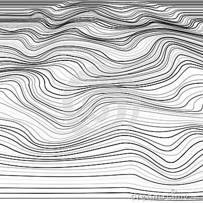 Stripe deformation background. Distorted wave monochrome texture. Abstract dynamical rippled surface from line. Vector Vector Illustration