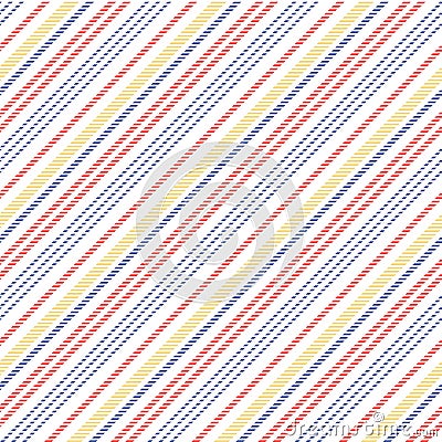 Stripe pattern seamless thin bright diagonal in red, blue, yellow, white. Textured slim asymmetric lines for spring summer dress. Vector Illustration