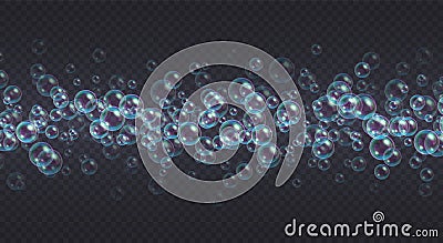 Stripe of soap bubbles. Abstract floating shampoo, bath lather line composition. Realistic suds. Vector Illustration