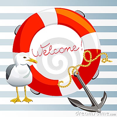 Striped background with anchor, lifeline and seagull Vector Illustration