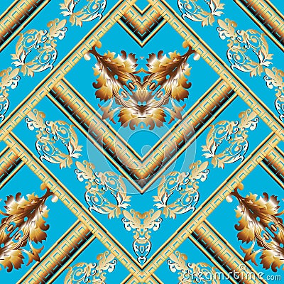 Striped baroque seamless pattern. Light blue floral background w Vector Illustration