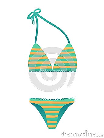 Striped bikini swimsuit with halter neck top and bikini bottom. Summer beachwear fashion illustration, trendy swimwear Cartoon Illustration
