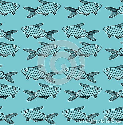 Striped black fish pattern on turquoise background Cartoon Illustration