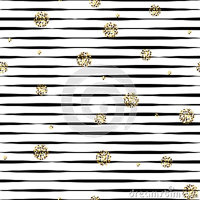 Striped black and white seamless pattern with golden shimmer polka dots. Vector Illustration