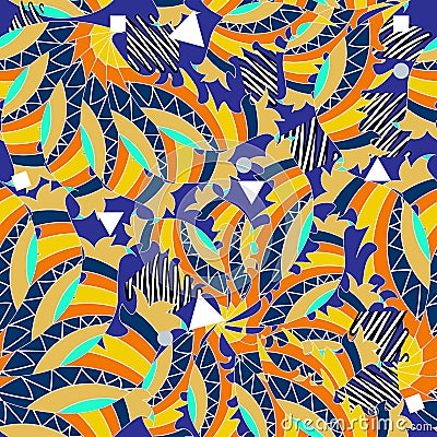 Striped colorful ethnic vector seamless pattern. Doodle hand drawn ornament. Zigzag lines, geometric shapes, squares, circles, Vector Illustration