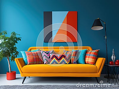 Striped colorful sofa in room with geometric shapes decorative pieces. Postmodern interior design of modern living room Stock Photo