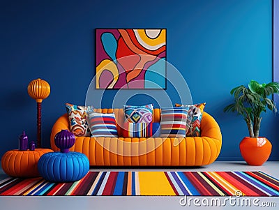 Striped colorful sofa in room with geometric shapes decorative pieces. Postmodern interior design of modern living room Stock Photo