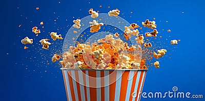 A striped container bursts open, unleashing a whimsical display of exploding popcorn kernels Stock Photo