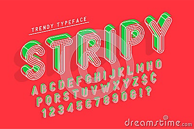Striped 3d display font popart design, alphabet, letters and numbers Vector Illustration