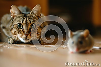 Striped domestic cat hunting to mouse on floor, portrait of young kitty before pounce, face of cute pet playing at home. Concept Stock Photo