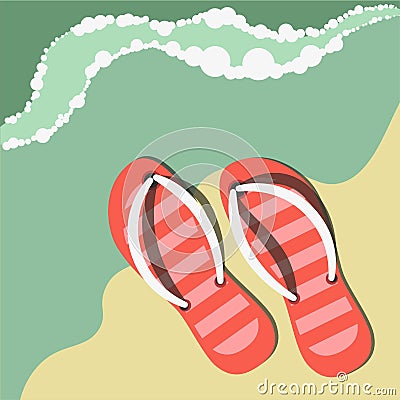 Striped flip flops on sand near water. Summer beach composition Vector Illustration