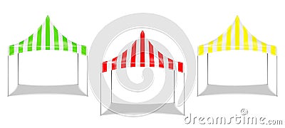 Striped green, red, yellow and white canopy tent. Pop-up gazebo. Folding marquee. Outdoor summer event portable instant shelter Vector Illustration