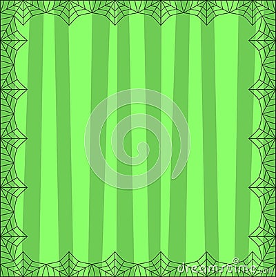 Striped green square background with cute vertical stripes framed with spider coweb. Vector Illustration