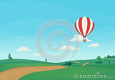 Striped hot air balloon flying over rural landscape with green meadows, trees, bushes, dirt road and forest with clouds and blue Vector Illustration