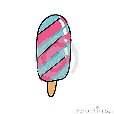 Striped Ice Cream in waffle cone Sketch. Hand drawn cartoon isolated illustration on a white background. Sweet delicious cold ice Cartoon Illustration