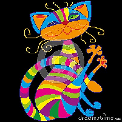 Striped, iridescent, colorful cat with a twirled mustache, painted with squares, pixels. Vector illustration Stock Photo