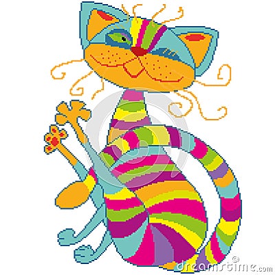 Striped, iridescent, colorful cat with a twirled mustache, painted with squares, pixels on a white background. Vector illustration Stock Photo