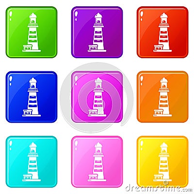 Striped lighthouse icons set 9 color collection Vector Illustration