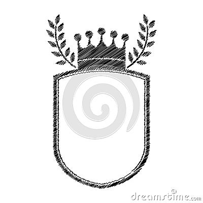 Striped monochrome shield contour with crown and olive branch Vector Illustration