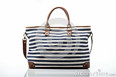 Striped navy and white beach tote bag with nautical themes on white background, empty space Stock Photo