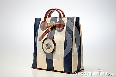 Striped navy and white beach tote bag with nautical themes on white background, empty space Stock Photo