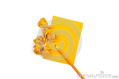 A striped notebook with orange sheets next to which lies a sharpened pencil and six crumpled pieces of paper on white background. Stock Photo
